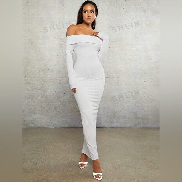 NWOT - SHEIN off shoulder white ribbed bodycon dress - Picture 1 of 6